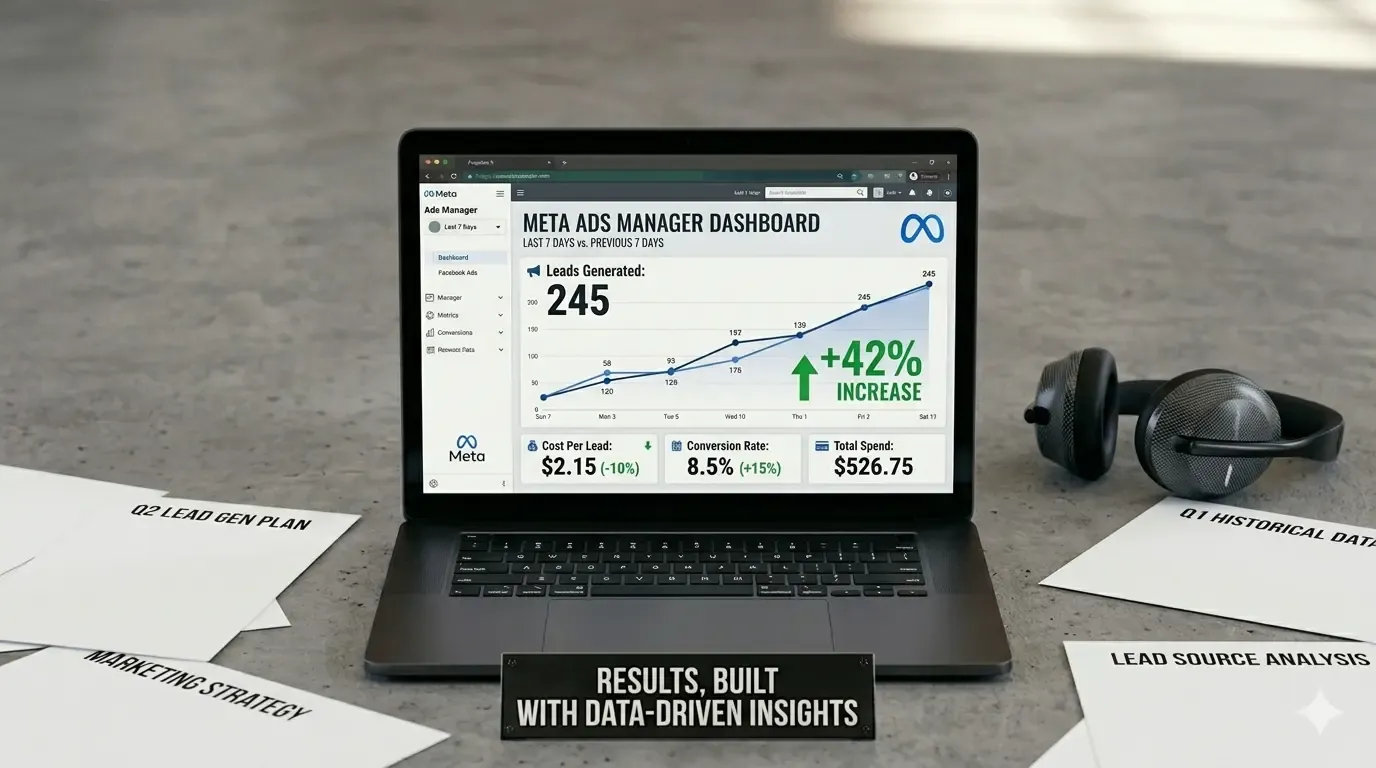 Marketer looking at Facebook ad dashboard with increasing leads on a laptop