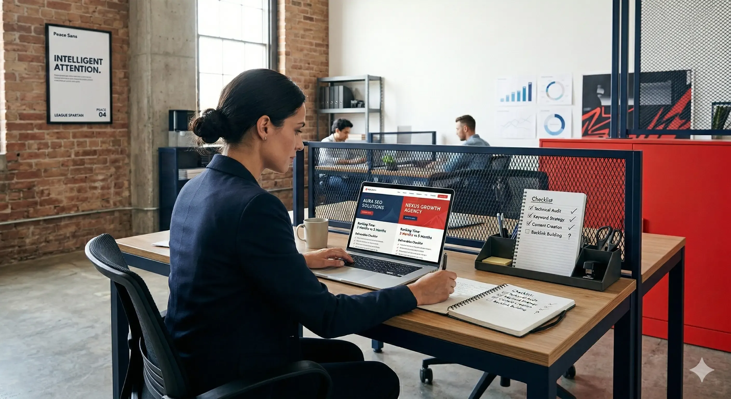 Business owner comparing two SEO companies using a checklist on a laptop