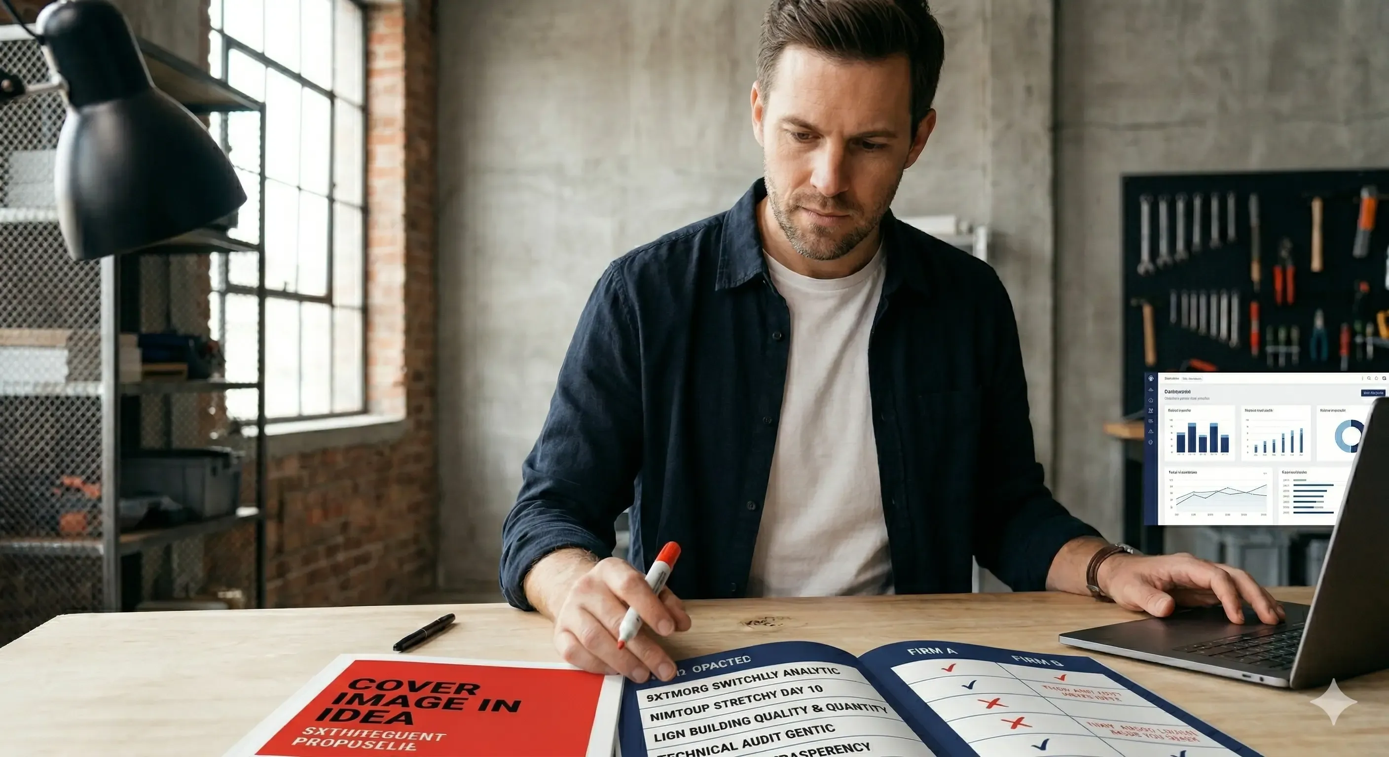 Business owner reviewing two SEO firm options using a checklist