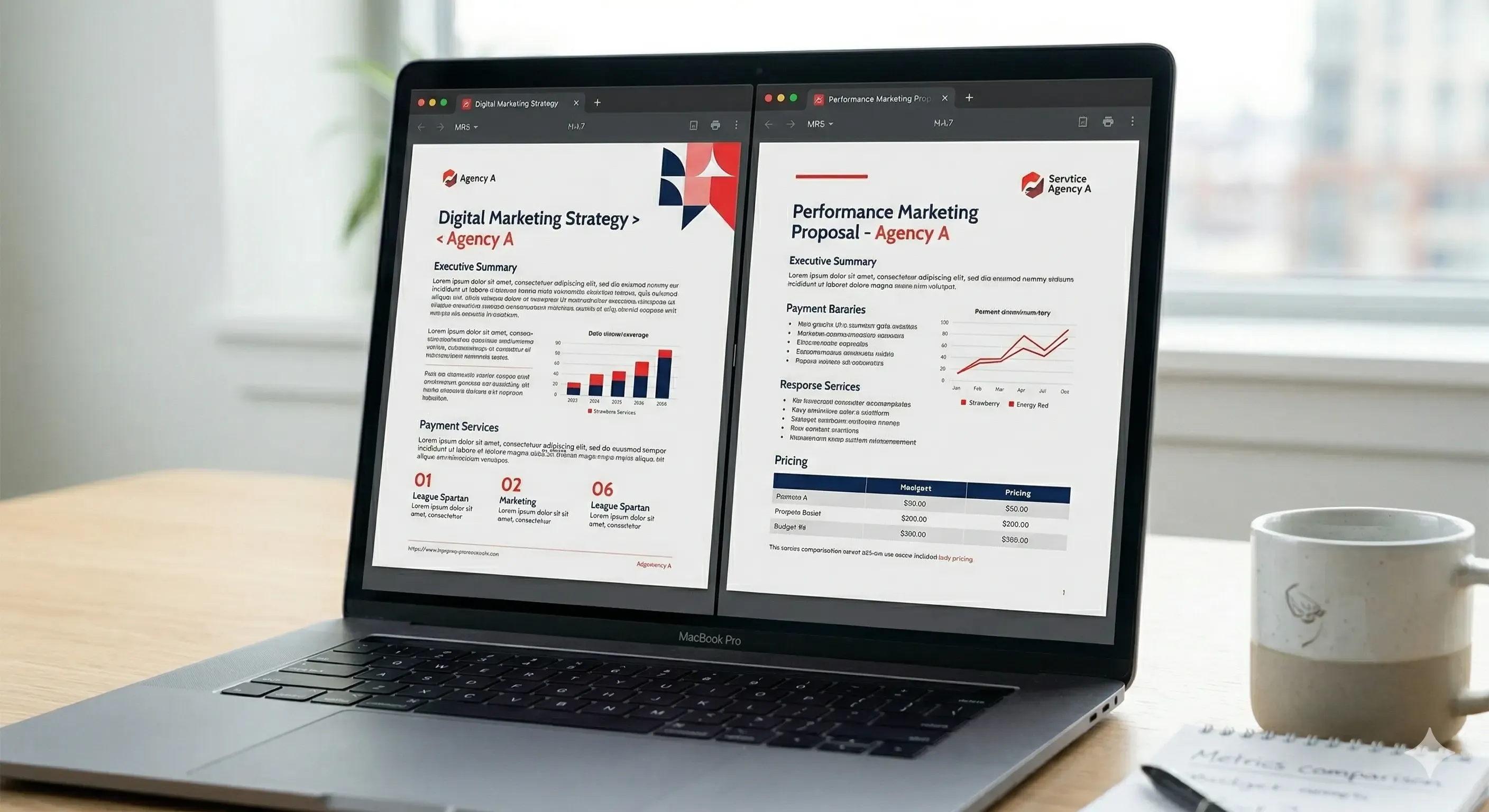 Business owner reviewing two digital marketing agency plans on a laptop